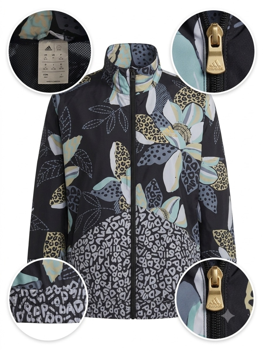 adidas Mixed Animal & Floral Print Windbreaker in Black, Mint, Cream